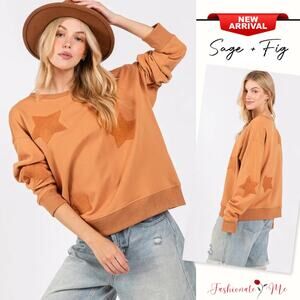 SAGE + FIG Star Patch Long Sleeves Round neck Relaxed Fit Sweatshirt | Cinnamon